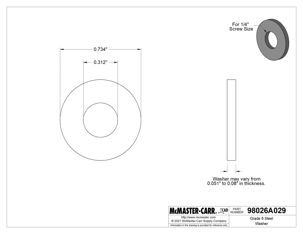 Technical Drawing of Steel Washer, USS, Zinc-Yellow-Chromate-Plated, for 1/4" Screw, 0.734" OD.
